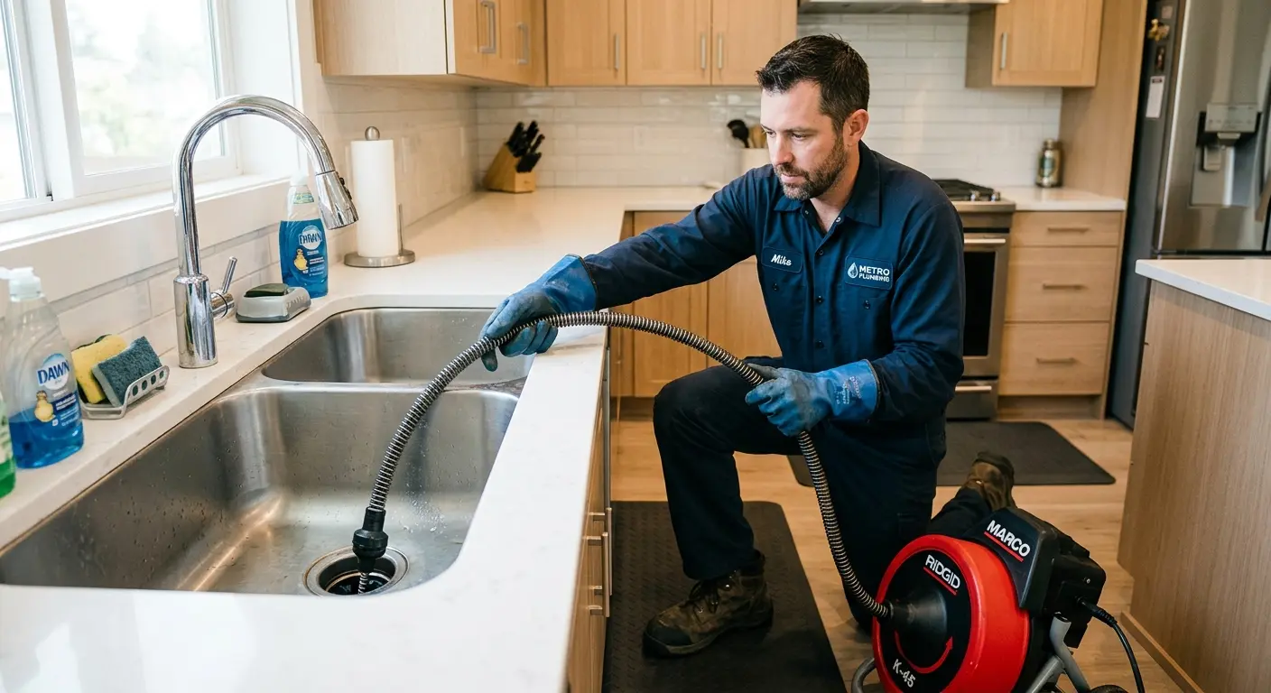 Drain cleaning technician using a motorized snake on a kitchen sink in Clifton Heights