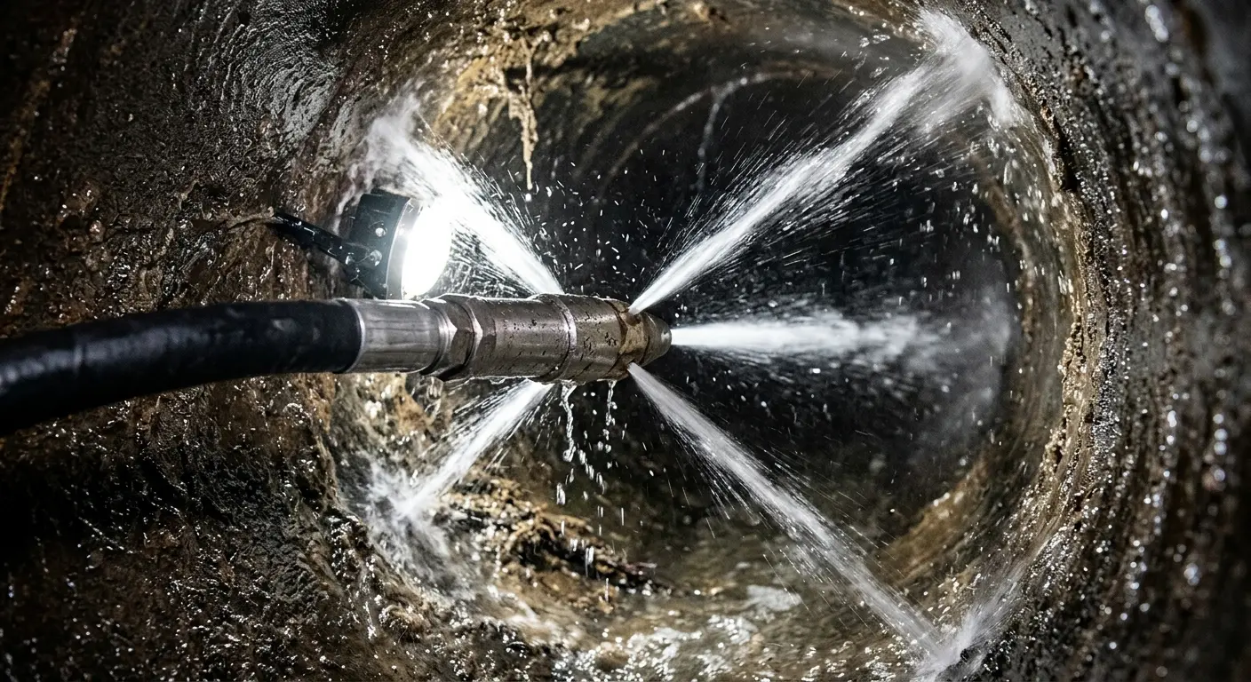 High-pressure hydro jetting nozzle cleaning sewer pipe for Emergency Drain Service in Clifton Heights