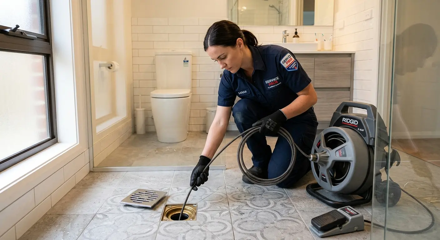 Technician clearing a bathroom floor drain for Sewer Line Installation in Clifton Heights